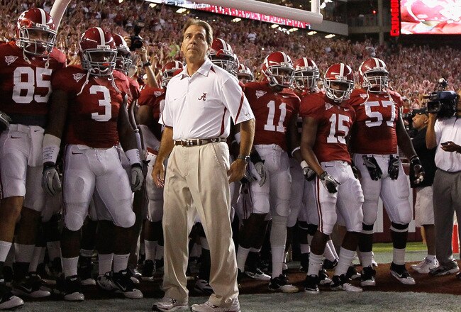 TUSCALOOSA, AL - OCTOBER 02:  Head coach Nick Saban of the Alabama Crimson Tide against the Florida Gators at Bryant-Denny Stadium on October 2, 2010 in Tuscaloosa, Alabama.  (Photo by Kevin C. Cox/Getty Images)