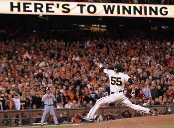 SAN FRANCISCO - OCTOBER 07:  Tim Lincecum #55 of the San Francisco Giants pitches against the Atlanta Braves during the eighth inning of game one of the National League Division Series at AT&T Park on October 7, 2010 in San Francisco, California.  The Gia