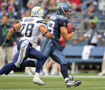 SEATTLE - SEPTEMBER 26:  Tight end John Carlson #89 of the Seattle Seahawks rushes against Steve Gregory #28 of the San Diego Chargers at Qwest Field on September 26, 2010 in Seattle, Washington. (Photo by Otto Greule Jr/Getty Images)
