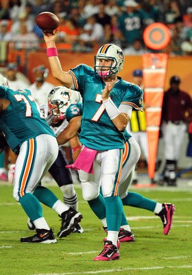 MIAMI - OCTOBER 4: Chad Henne #7 of the Miami Dolphins passes against the New England Patriots at Sun Life Field on October 4, 2010 in Miami, Florida. (Photo by Scott Cunningham/Getty Images)