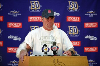 EDEN PRAIRIE, MN - OCTOBER 7:  Minnesota Vikings quarterback Brett Favre answers questions from the media during a press conference at Winter Park on October 7, 2010 in Eden Prairie, Minnesota.  (Photo by Adam Bettcher/Getty Images)