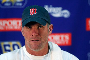 EDEN PRAIRIE, MN - OCTOBER 7:  Minnesota Vikings quarterback Brett Favre answers questions from the media during a press conference at Winter Park on October 7, 2010 in Eden Prairie, Minnesota.  (Photo by Adam Bettcher/Getty Images)