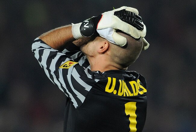 BARCELONA, SPAIN - OCTOBER 16:  Goalkeeper Victor Valdes of Barcelona reacts during the La Liga match between Barcelona and Valencia at the Camp Nou stadium on October 16, 2010 in Barcelona, Spain. Barcelona won the match 2-1.  (Photo by Jasper Juinen/Get