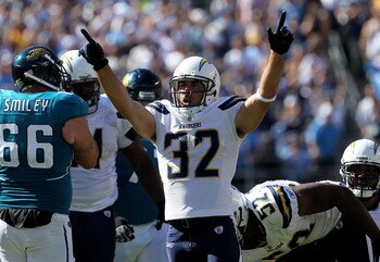 SAN DIEGO - SEPTEMBER 19:  Safety Eric Weddle #32 of the San Diego Chargers celebrates a sack against the Jacksonville Jaguars at Qualcomm Stadium on September 19, 2010 in San Diego, California. The Chargers won 38-13.  (Photo by Stephen Dunn/Getty Images