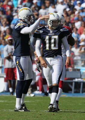 SAN DIEGO - OCTOBER 03:  Kicker Nate Kaeding #10 of the San Diego Chargers is congratulated by holder Mike Scifres #5 after making a field goal against the Arizona Cardinals at Qualcomm Stadium on October 3, 2010 in San Diego, California.  The Chargers wo