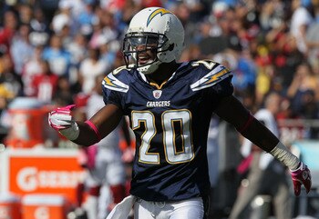 SAN DIEGO - OCTOBER 03:  Cornerback Antoine Cason #20 of the San Diego Chargers on the field during the game against the Arizona Cardinals at Qualcomm Stadium on October 3, 2010 in San Diego, California.  The Chargers won 41-10.  (Photo by Stephen Dunn/Ge