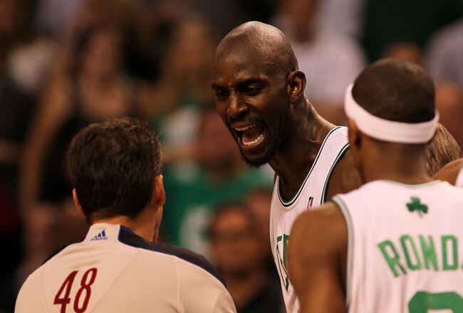 BOSTON - MAY 24:  Kevin Garnett #5 of the Boston Celtics argues with referees Scott Foster #48 after Garnett was called for a technical foul in the third quarter against the Orlando Magic in Game Four of the Eastern Conference Finals during the 2010 NBA P