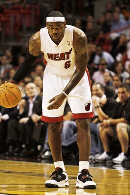 MIAMI - OCTOBER 12:  Forward LeBron James #6 drives against CSKA Moscow on October 12, 2010 in Miami, Florida.  Miami heat won 96-85 over CSKA Moscow.  NOTE TO USER: User expressly acknowledges and agrees that, by downloading and or using this photograph,