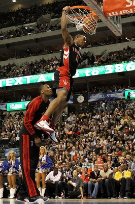 DALLAS - FEBRUARY 13:  DeMar DeRozan #10 of the Toronto Raptors goes up for a dunk with the help of teammate Sonny Weems during the Sprite Slam Dunk Contest on All-Star Saturday Night, part of 2010 NBA All-Star Weekend at American Airlines Center on Febru