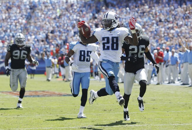 NASHVILLE - SEPTEMBER 12: Chris Johnson #28 of the Tennessee Titans runs into the end zone for a 76-yard touchdown in the first half of the NFL season opener against the Oakland Raiders at LP Field on September 12, 2010 in Nashville, Tennessee. (Photo by