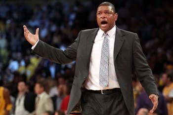 LOS ANGELES, CA - JUNE 17:  Head coach Doc Rivers of the Boston Celtics reacts while taking on the Los Angeles Lakers in Game Seven of the 2010 NBA Finals at Staples Center on June 17, 2010 in Los Angeles, California.  NOTE TO USER: User expressly acknowl