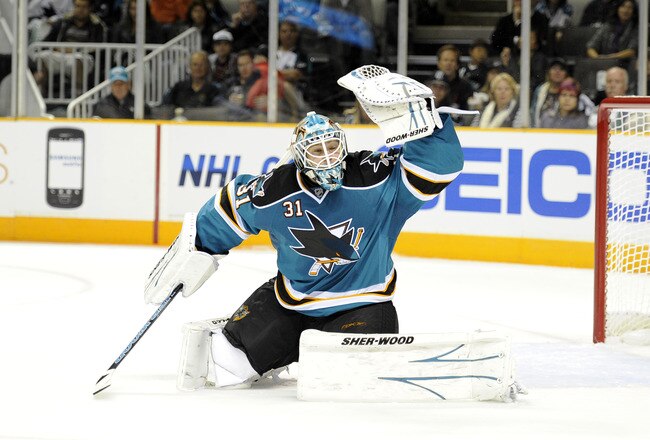 SAN JOSE, CA - OCTOBER 16: Goalie Antti Niemi #31 of the San Jose Sharks glove save a shot against the Atlanta Thrashers from going into the goal at the HP Pavilion October 16, 2010 in San Jose, California. (Photo by Thearon W. Henderson/Getty Images)