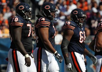 CHICAGO - OCTOBER 17: (L-R) Edwin Williams #70, Chris Williams #74 and Frank Omiyale #68 of the Chicago Bears walk up to the line of scrimmage against the Seattle Seahawks at Soldier Field on October 17, 2010 in Chicago, Illinois. The Seahawks defeated th