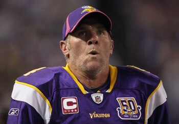 MINNEAPOLIS - OCTOBER 17:  Quarterback Brett Favre #4 of the Minnesota Vikings looks on during the game against the Dallas Cowboys at Mall of America Field on October 17, 2010 in Minneapolis, Minnesota. The Vikings defeated the Cowboys 24-21.  (Photo by J