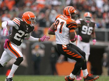 CLEVELAND - OCTOBER 03:  Wide receiver Terrell Owens #81 of the Cincinnati Bengals catches a pass in front of Joe Haden #23 of the Cleveland Browns at Cleveland Browns Stadium on October 3, 2010 in Cleveland, Ohio.  (Photo by Matt Sullivan/Getty Images)