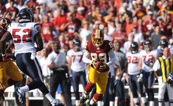LANDOVER - SEPTEMBER 19:  Santana Moss #89 of the Washington Redskins runs the ball against the Houston Texans at FedExField on September 19, 2010 in Landover, Maryland. The Texans defeated the Redskins in overtime 30-27. (Photo by Larry French/Getty Imag