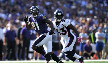 BALTIMORE, MD - OCTOBER 10: Anquan Boldin #81 of the Baltimore Ravens goes out for a pass against the Denver Broncos at M&T Bank Stadium on October 10, 2010 in Baltimore, Maryland. Players wore pink in recognition of Breast Cancer Awareness Month. The Rav