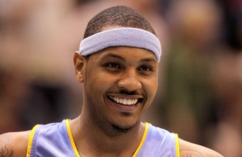 SALT LAKE CITY - APRIL 30:  Carmelo Anthony #15 of the Denver Nuggets stands on the court during their game against the Utah Jazz in Game Six of the Western Conference Quarterfinals of the 2010 NBA Playoffs at EnergySolutions Arena on April 30, 2010 in Sa