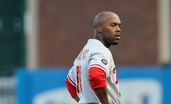 SAN FRANCISCO - OCTOBER 20:  Jimmy Rollins #11 of the Philadelphia Phillies stands at second base after being tagged out during Game Four of the NLCS against the San Francisco Giants in the 2010 MLB Playoffs at AT&T Park on October 20, 2010 in San Francis
