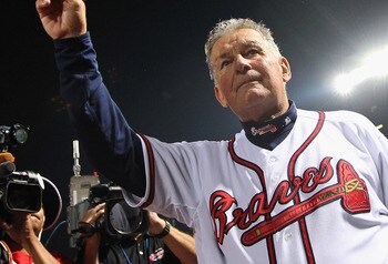 ATLANTA - OCTOBER 11:  Manager Bobby Cox #6 of the Atlanta Braves waves to the crowd after the Braves were defeated by the San Francisco Giants 3-2 during Game Four of the NLDS of the 2010 MLB Playoffs on October 11, 2010  at Turner Field in Atlanta, Geor
