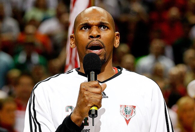 MILWAUKEE - APRIL 30: Jerry Stackhouse #24 of the Milwaukee Bucks sings the National Anthem before the Bucks take on the Atlanta Hawks in Game Six of the Eastern Conference Quarterfinals during the 2010 NBA Playoffs at the Bradley Center on April 30, 2010