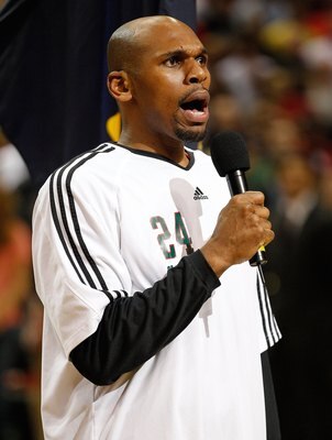 MILWAUKEE - APRIL 30: Jerry Stackhouse #24 of the Milwaukee Bucks sings the National Anthem before the Bucks take on the Atlanta Hawks in Game Six of the Eastern Conference Quarterfinals during the 2010 NBA Playoffs at the Bradley Center on April 30, 2010