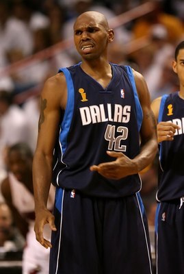 MIAMI - JUNE 13:  Jerry Stackhouse #42 of the Dallas Mavericks reacts in the second quarter of game three of the 2006 NBA Finals against the Miami Heat on June 13, 2006 at American Airlines Arena in Miami, Florida.  NOTE TO USER: User expressly acknowledg