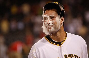 PITTSBURGH - JUNE 01:  Neil Walker #18 of the Pittsburgh Pirates smiles with shaving cream on his face after a win against the Chicago Cubs on June 1, 2010 at PNC Park in Pittsburgh, Pennsylvania.  (Photo by Jared Wickerham/Getty Images)