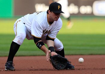 PITTSBURGH - JUNE 01:  Andy LaRoche #15 of the Pittsburgh Pirates fields a ground ball against the Chicago Cubs during the game on June 1st, 2010 at PNC Park in Pittsburgh, Pennsylvania.  (Photo by Jared Wickerham/Getty Images)