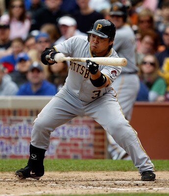 CHICAGO - MAY 15: Aki Iwamura #3 of the Pittsburgh Pirates attempts a bunt against the Chicago Cubs at Wrigley Field on May 15, 2010 in Chicago, Illinois. The Pirates defeated the Cubs 4-3. (Photo by Jonathan Daniel/Getty Images)
