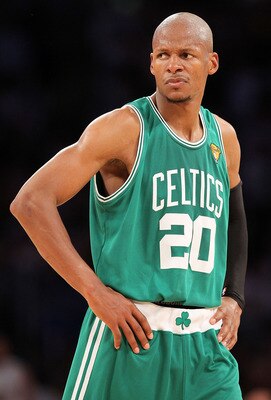 LOS ANGELES, CA - JUNE 17:  Ray Allen #20 of the Boston Celtics looks on in the first half against the Los Angeles Lakers in Game Seven of the 2010 NBA Finals at Staples Center on June 17, 2010 in Los Angeles, California.  NOTE TO USER: User expressly ack