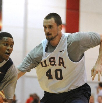 LAS VEGAS - JULY 21:  In this handout photo provided by Las Vegas News Bureau, Rudy Gay (L) plays against Kevin Love during a USA Basketball Men�s National Team workout at the Cox Pavilion on Wednesday July 21, 2010 in Las Vegas Nevada.  (Photo by Brian J