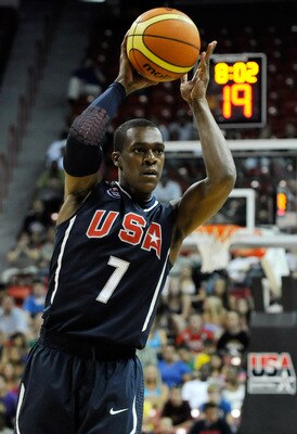 LAS VEGAS - JULY 24:  Rajon Rondo #7 of the 2010 USA Basketball Men's National Team looks to pass during a USA Basketball showcase at the Thomas & Mack Center July 24, 2010 in Las Vegas, Nevada.  (Photo by Ethan Miller/Getty Images)