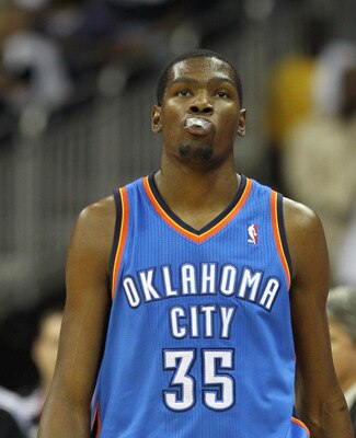 KANSAS CITY, MO - OCTOBER 08:  Kevin Durant #35 of the Oklahoma City Thunder walks back to the bench during the game against the Miami Heat on October 8, 2010 at the Sprint Center in Kansas City, Missouri.  (Photo by Jamie Squire/Getty Images)