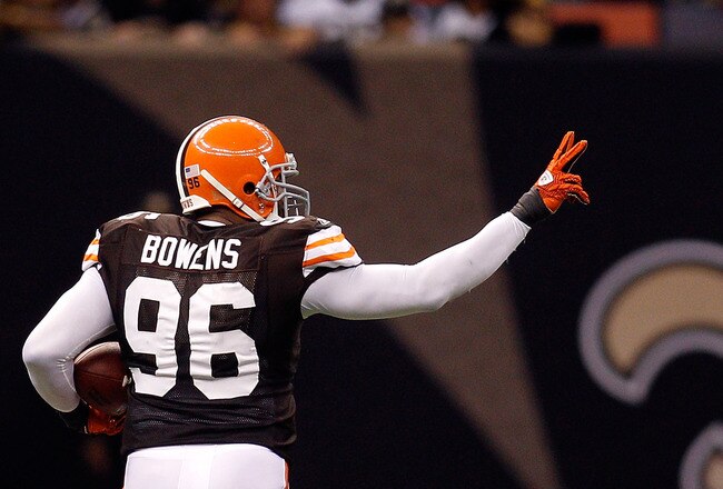 NEW ORLEANS - OCTOBER 24:  David Bowens #96 of the Cleveland Browns returns his second interception of the day for a touchdown against the New Orleans Saints at the Louisiana Superdome on October 24, 2010 in New Orleans, Louisiana.  (Photo by Chris Grayth