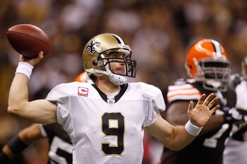 NEW ORLEANS - OCTOBER 24:  Drew Brees #9 of the New Orleans Saints in action during the game against the Cleveland Browns at the Louisiana Superdome on October 24, 2010 in New Orleans, Louisiana.  (Photo by Chris Graythen/Getty Images)