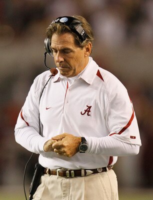 TUSCALOOSA, AL - OCTOBER 16:  Head coach Nick Saban of the Alabama Crimson Tide against the Ole Miss Rebels at Bryant-Denny Stadium on October 16, 2010 in Tuscaloosa, Alabama.  (Photo by Kevin C. Cox/Getty Images)