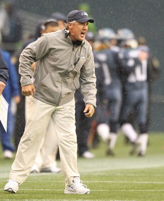 SEATTLE - OCTOBER 24:  Head coach Pete Carroll of the Seattle Seahawks reacts to a play against the Arizona Cardinals at Qwest Field on October 24, 2010 in Seattle, Washington. (Photo by Otto Greule Jr/Getty Images)