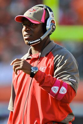 CINCINNATI, OH - OCTOBER 10: Head Coach Raheem Morris of the Tampa Bay Buccaneers watches his team play the Cincinnati Bengals at Paul Brown Stadium on October 10, 2010 in Cincinnati, Ohio. (Photo by Jamie Sabau/Getty Images)