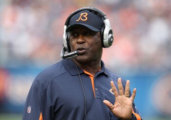 CHICAGO - OCTOBER 24: Head coach Lovie Smith of the Chicago Bears gives instructions during a game against the Washington Redskins at Soldier Field on October 24, 2010 in Chicago, Illinois. The Redskins defeated the Bears 17-14. (Photo by Jonathan Daniel/