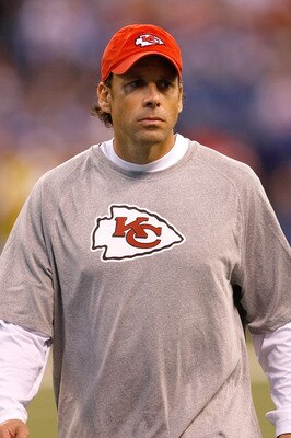 INDIANAPOLIS, IN - OCTOBER 10: Todd Haley of the Kansas City Chiefs looks on in pregame warm ups against the Indianapolis Colts at Lucas Oil Stadium on October 10, 2010 in Indianapolis, Indiana.  (Photo by Scott Boehm/Getty Images)