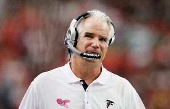 ATLANTA - OCTOBER 03:  Head coach Mike Smith of the Atlanta Falcons looks on during the game against the San Francisco 49ers at Georgia Dome on October 3, 2010 in Atlanta, Georgia.  (Photo by Kevin C. Cox/Getty Images)