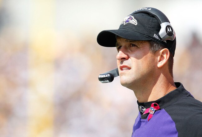 PITTSBURGH - OCTOBER 03:  Head coach John Harbaugh of the Baltimore Ravens watches his team play against the Pittsburgh Steelers during the game on October 3, 2010 at Heinz Field in Pittsburgh, Pennsylvania.  (Photo by Jared Wickerham/Getty Images)