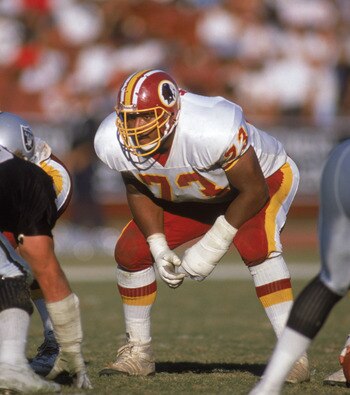 WASHINGTON - OCTOBER 29:  Mark May #73 of the Washington Redskins gets ready for the snap during a game against the Los Angeles Raiders on October 29,1989 at Los Angeles Coliseum in Los Angeles, California. The Raiders won 37-24. (Photo by: Stephen Dunn/G