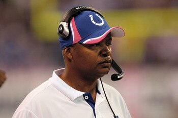 INDIANAPOLIS, IN - OCTOBER 10: Jim Caldwell of the Indianapolis Colts looks on against the Kansas City Chiefs at Lucas Oil Stadium on October 10, 2010 in Indianapolis, Indiana.  (Photo by Scott Boehm/Getty Images)