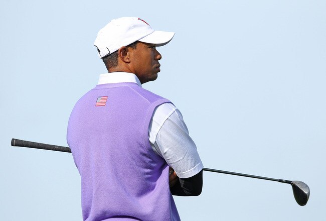 NEWPORT, WALES - OCTOBER 02:  Tiger Woods of the USA looks on during the rescheduled Morning Fourball Matches during the 2010 Ryder Cup at the Celtic Manor Resort on October 2, 2010 in Newport, Wales.  (Photo by Andy Lyons/Getty Images)