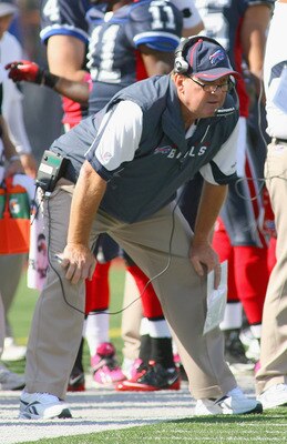 ORCHARD PARK, NY - OCTOBER 10: Chan Gailey, head coach of the Buffalo Bills stands on the sidelines against the Jacksonville Jaguars at Ralph Wilson Stadium on October 10, 2010 in Orchard Park, New York. Jacksonville won 36-26. (Photo by Rick Stewart/Gett