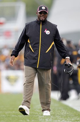 PITTSBURGH - OCTOBER 03: Head Coach Mike Tomlin of the Pittsburgh Steelers reacts to a call during the game against the Baltimore Ravens on October 3, 2010 at Heinz Field in Pittsburgh, Pennsylvania. (Photo by Gregory Shamus/Getty Images)