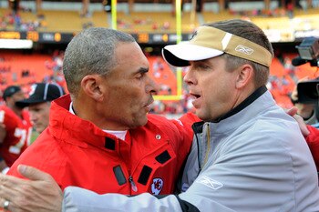 KANSAS CITY, MO - NOVEMBER 16:  Head coach Herm Edwards of the Kansas City Chiefs greets Sean Payton of the New Orleans Saints following the game on November 16, 2008 at Arrowhead Stadium in Kansas City, Missouri.  The Saints defeated the Chiefs 30-20.  (