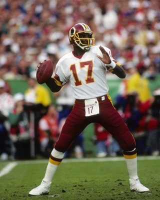 SAN DIEGO - JANUARY 31:  Quarterback Doug Williams #10 of the Washington Redskins drops back to pass during Super Bowl XXII against the Denver Broncos at Jack Murphy Stadium on January 31, 1988 in San Diego, California.  The Redskins won 42-10.  (Photo by